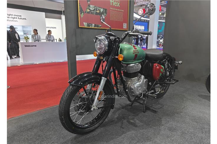 This Royal Enfield Classic 350 can run on a petrol-ethanol blend containing 85 percent of the latter. Remains mechanically identical to the standard bike but gets a unique paint scheme.